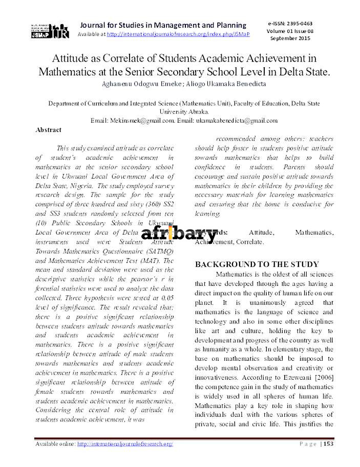 Attitude as Correlates of Students Academic Achievement at the Senior ...