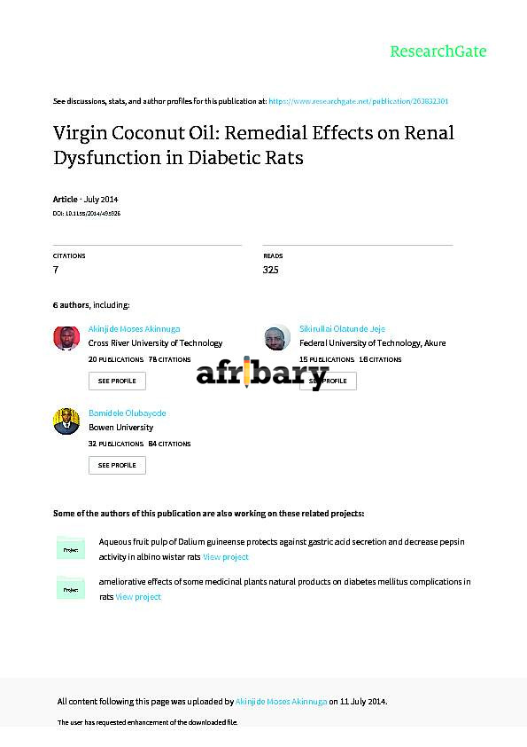 Virgin Coconut Oil Remedial Effects on Renal Dysfunction in Diabetic