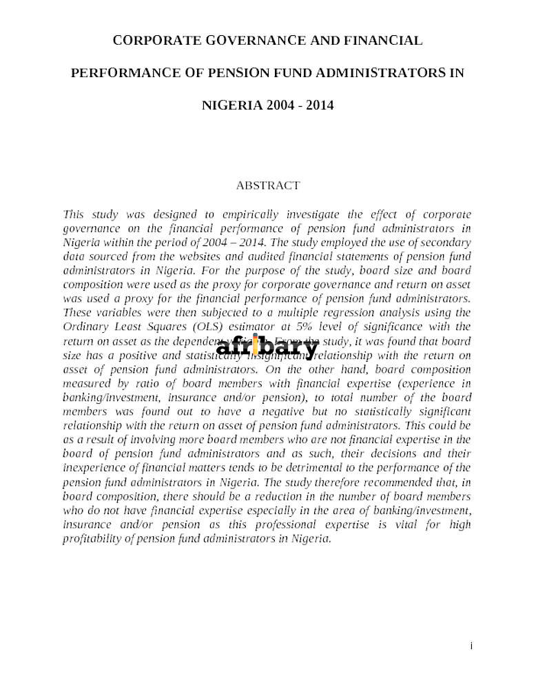 Corporate governance and the financial performance of Pension Fund