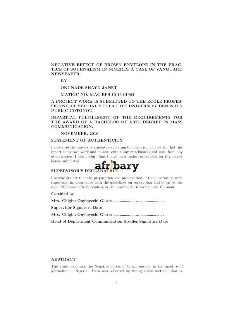 NEGATIVE EFFECT OF BROWN ENVELOPE IN THE PRACTICE OF JOURNALISM IN