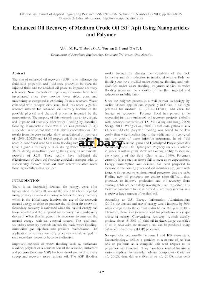 Enhanced Oil Recovery of Medium Crude Oil (310 Api) Using Nanoparticles ...