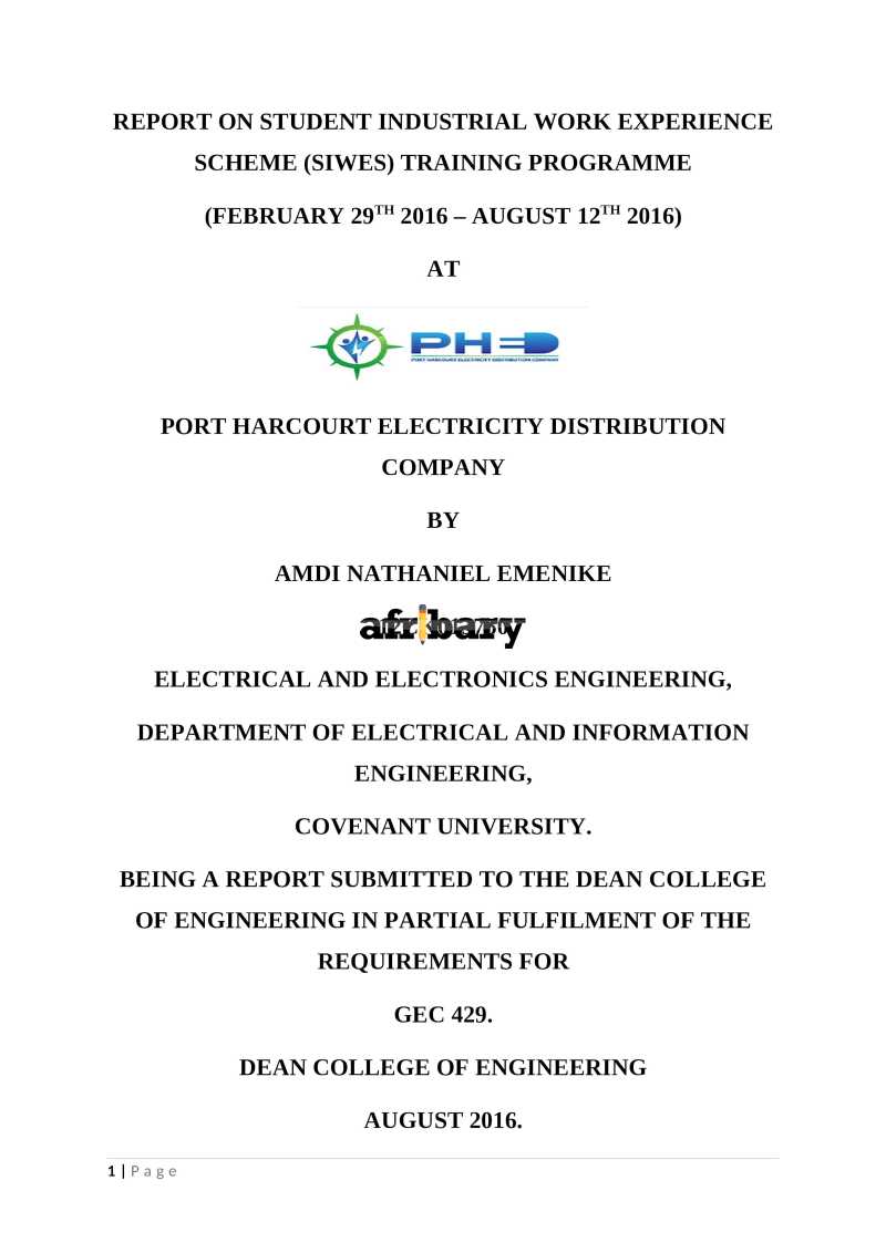 REPORT ON STUDENT INDUSTRIAL WORK EXPERIENCE SCHEME (SIWES) TRAINING