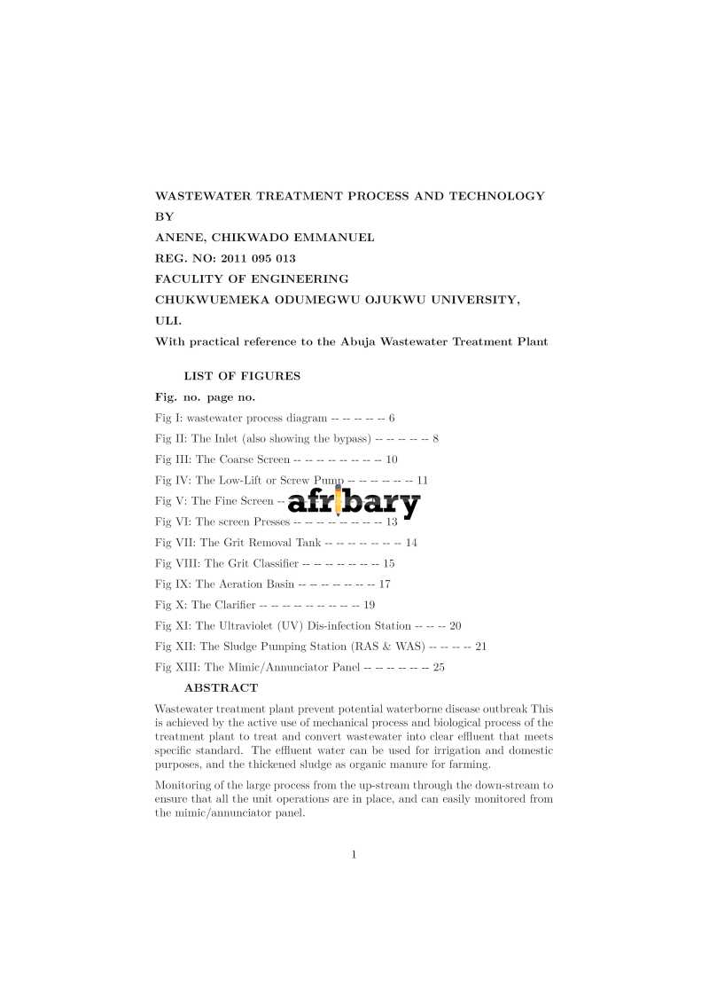 WASTEWATER TREATMENT PROCESS AND TECHNOLOGY Afribary