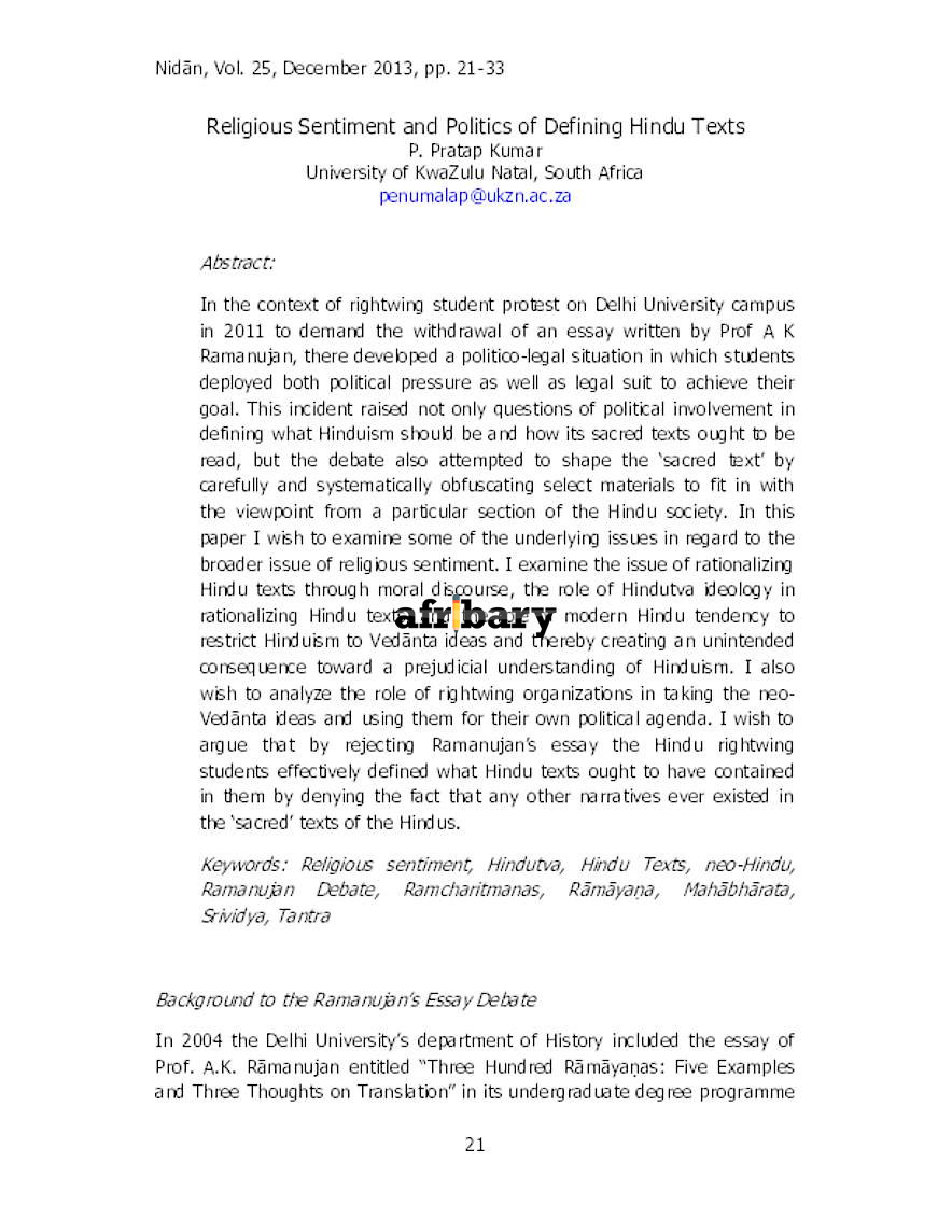 Politics of Defining Hindu texts Afribary