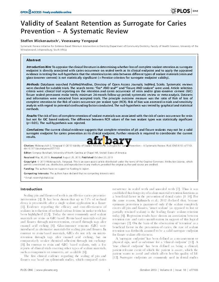 Validity of Sealant Retention as Surrogate for Caries Prevention A