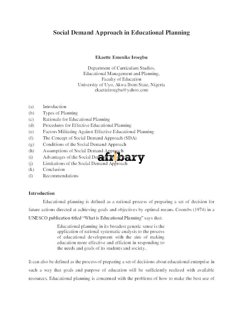 Social Demand Approach In Educational Planning Afribary