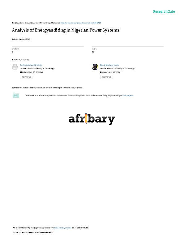 Analysis of Energy Auditing in Nigerian Power Systems | Afribary