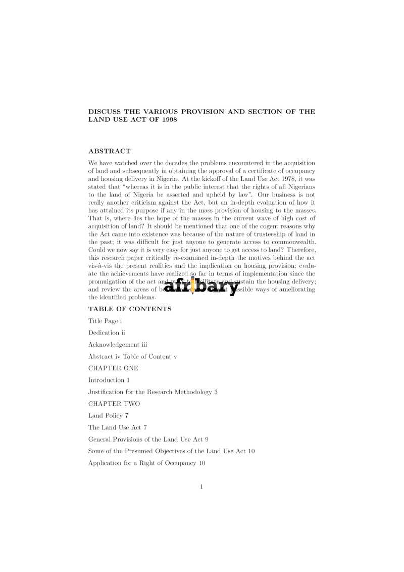 DISCUSS THE VARIOUS PROVISION AND SECTION OF THE LAND USE ACT OF 1998