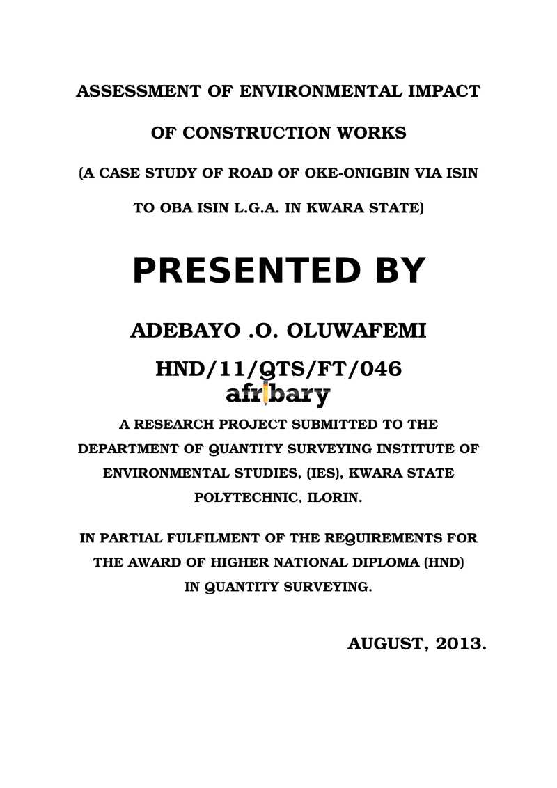 Assessment Of Environmental Impact Of Construction Works (A Case Study ...