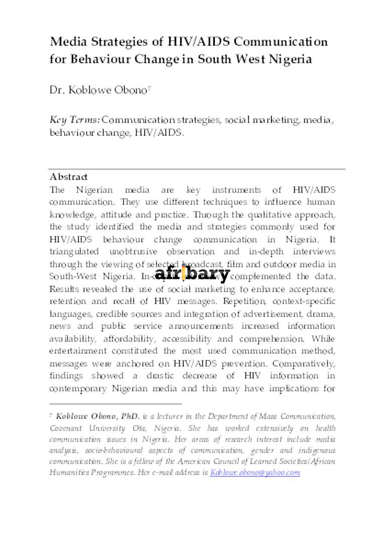 Media Strategies of HIV/AIDS Communication for Behaviour Change in