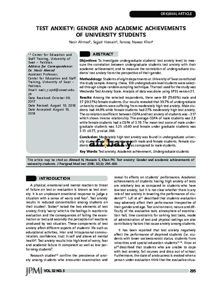 Test Anxiety: Gender and Academic Achievements of University Students ...
