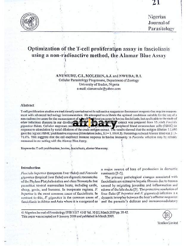 Optimization of the Tcell proliferation assay in fascioliasis using a