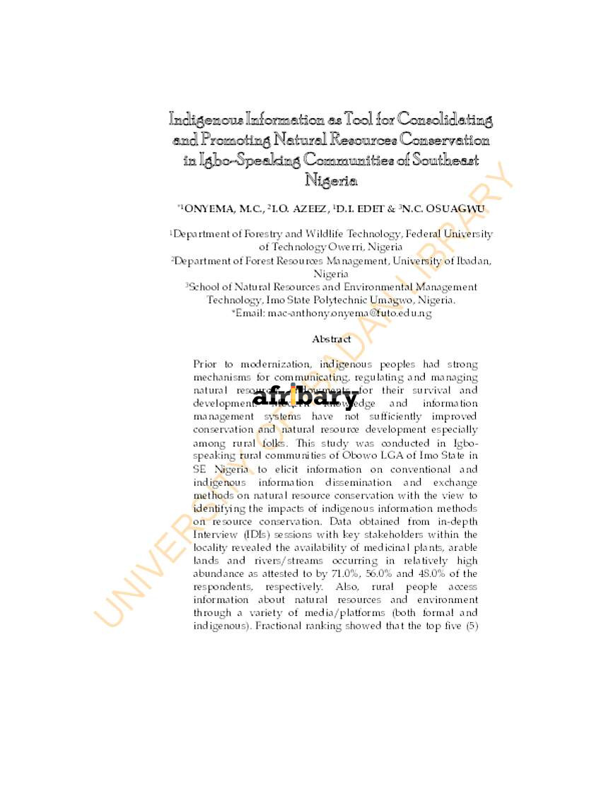 Indigenous Information as Tool for Consolidating and Promoting Natural