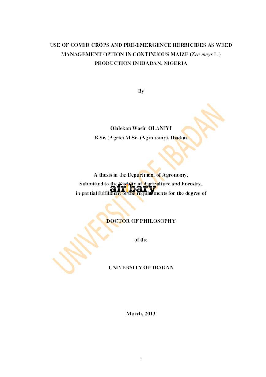 Use Of Cover Crops And PreEmergence Herbicides As Weed Management Option In Continuous Maize