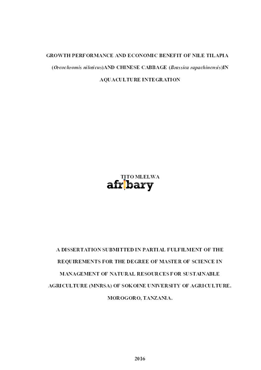 Growth Performance And Economic Benefit Of Nile Tilapia (Oreochromis