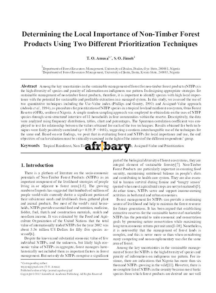 Determining the Local Importance of Non Timber Forest Products Using