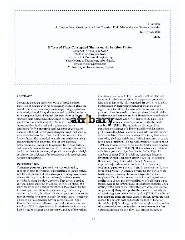 Effects of Pipes Corrugated Shapes on the Friction Factor Afribary