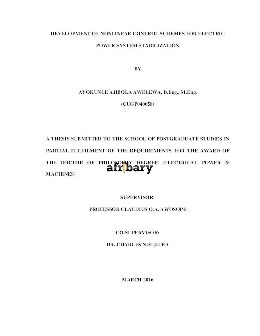Development Of Nonlinear Control Schemes For Electric Power System ...