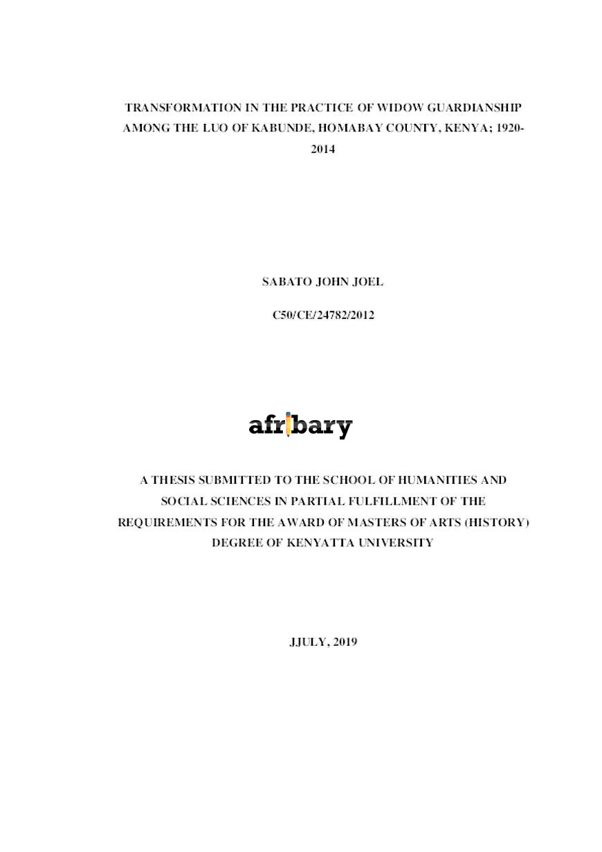 Transformation In The Practice Of Widow Guardianship Among The Luo Of Kabunde, Homabay County