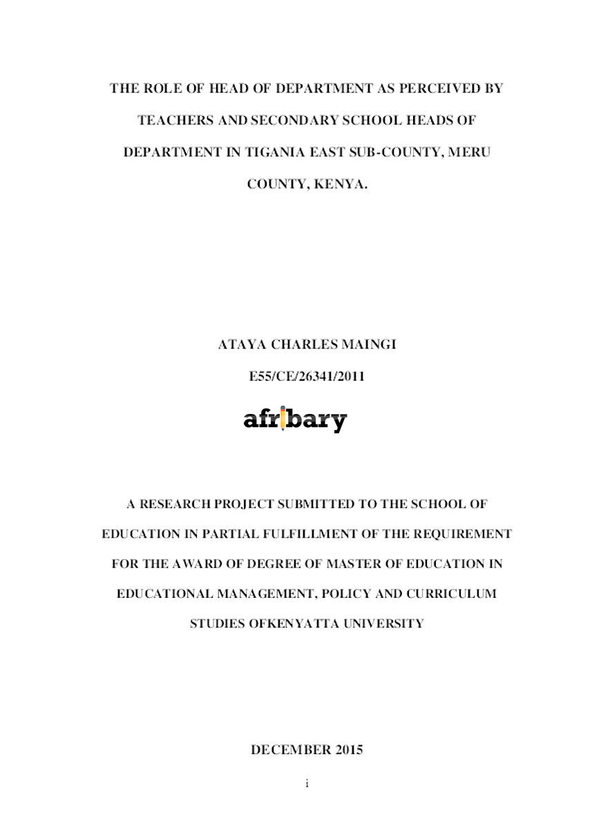The Role Of Head Of Department As Perceived By Teachers And Secondary 