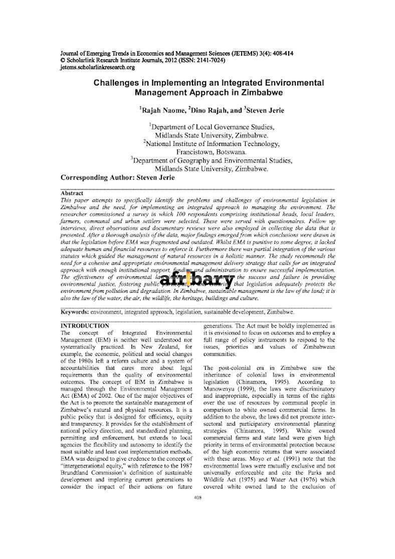 Challenges in implementing an Integrated Environmental Management Approach in Zimbabwe Afribary