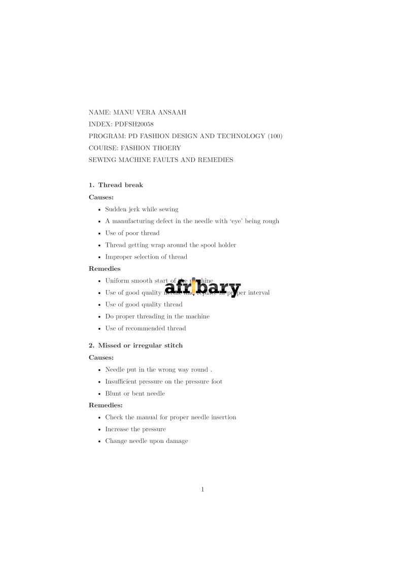 (Fashion Theory) Sewing Machine Faults and Remedies Afribary