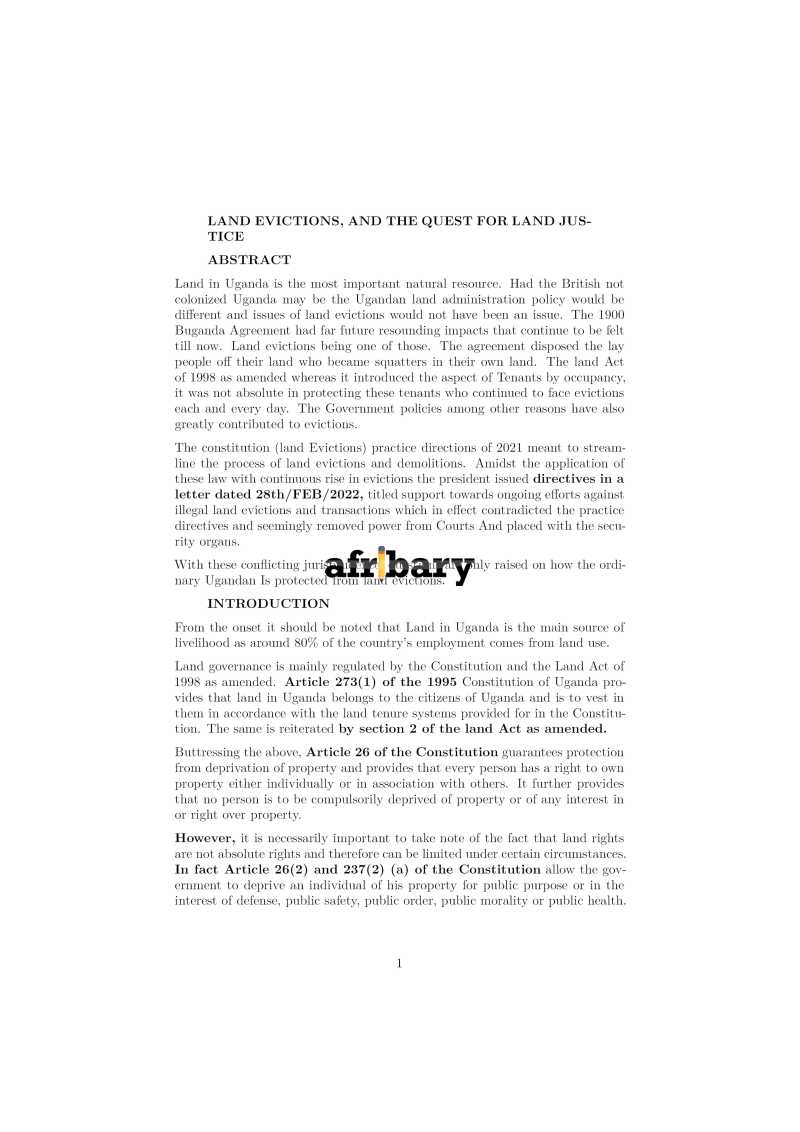 Land Evictions and the Quest for Land Justice in Uganda Afribary