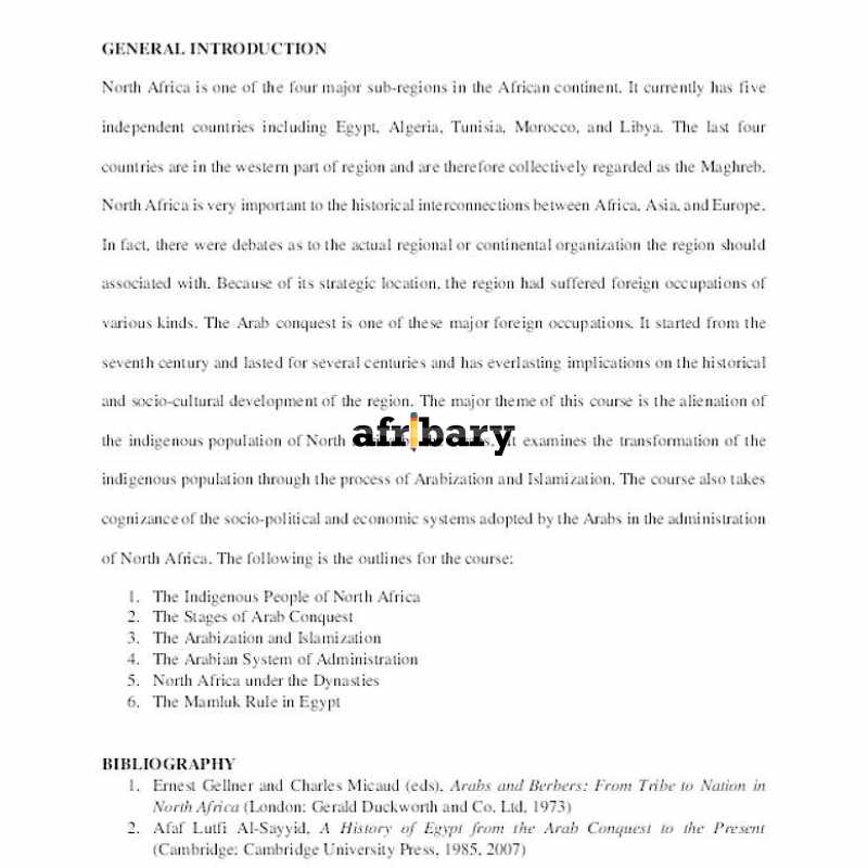 HIS 109 North Africa from the Arab Conquest of Egypt to 1500 Afribary