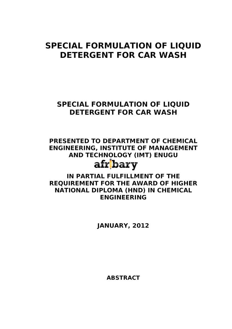 SPECIAL FORMULATION OF LIQUID DETERGENT FOR CAR WASH Afribary