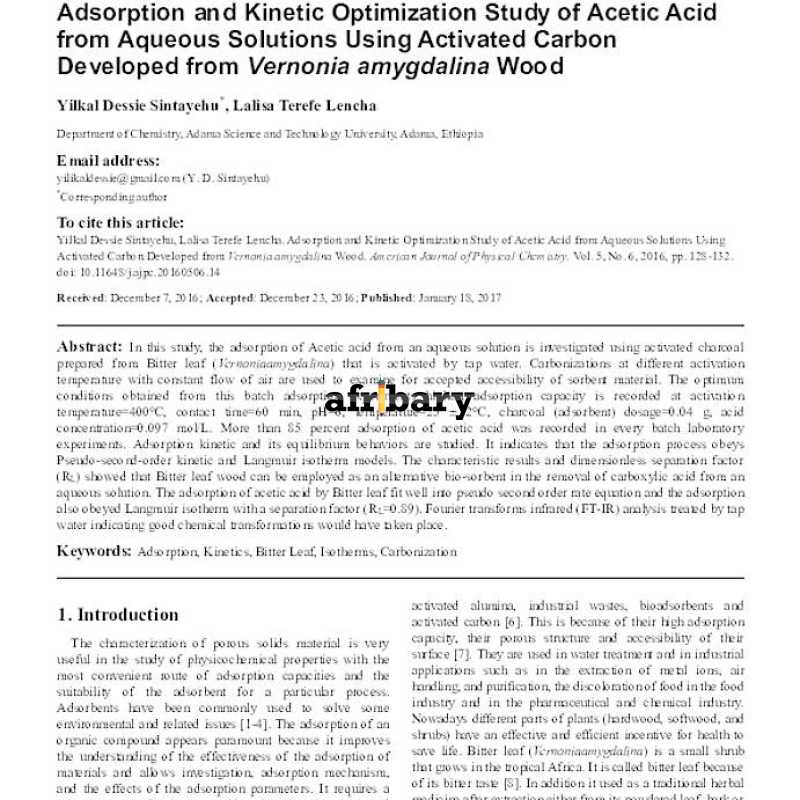 Adsorption and Optimization Study of Acetic Acid from Aqueous