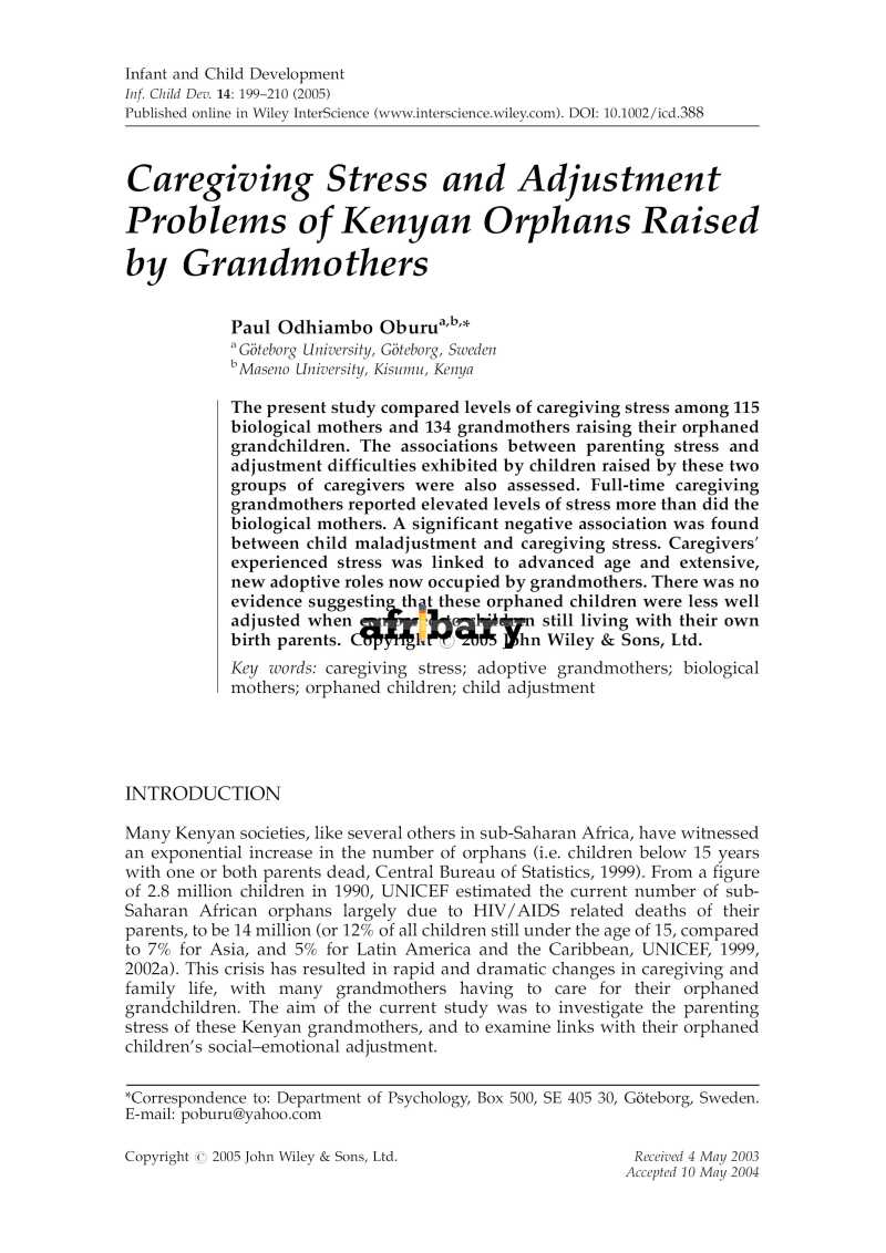 Caregiving stress and adjustment problems of Kenyan orphans raised by ...