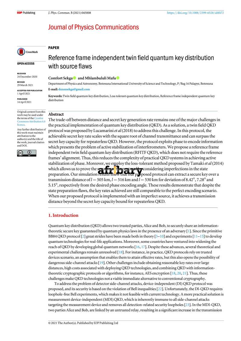 Reference Frame Independent Twin Field Quantum Key Distribution With Source Flaws Afribary Reference Frame Independent Twin Field Quantum Key Distribution With Source Flaws Afribary