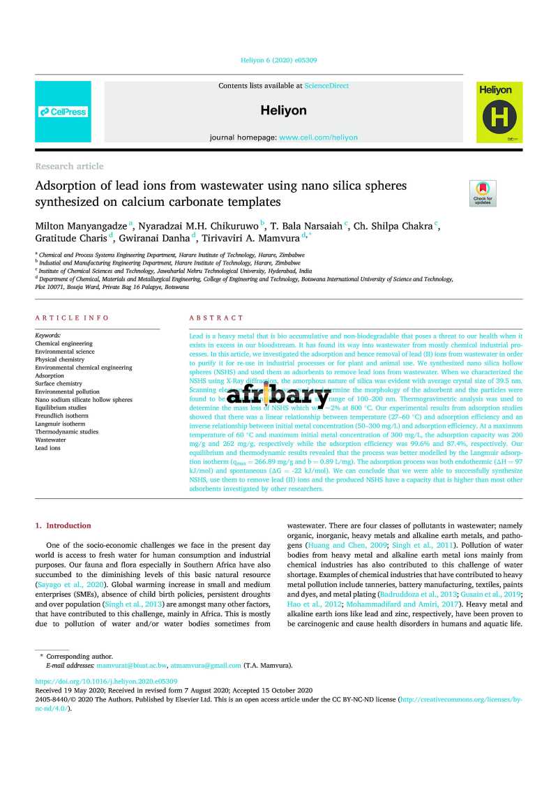Adsorption of lead ions from wastewater using nano silica spheres ...