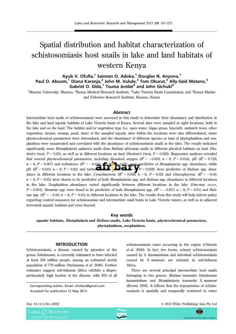 Spatial distribution and habitat characterization of schistosomiasis ...