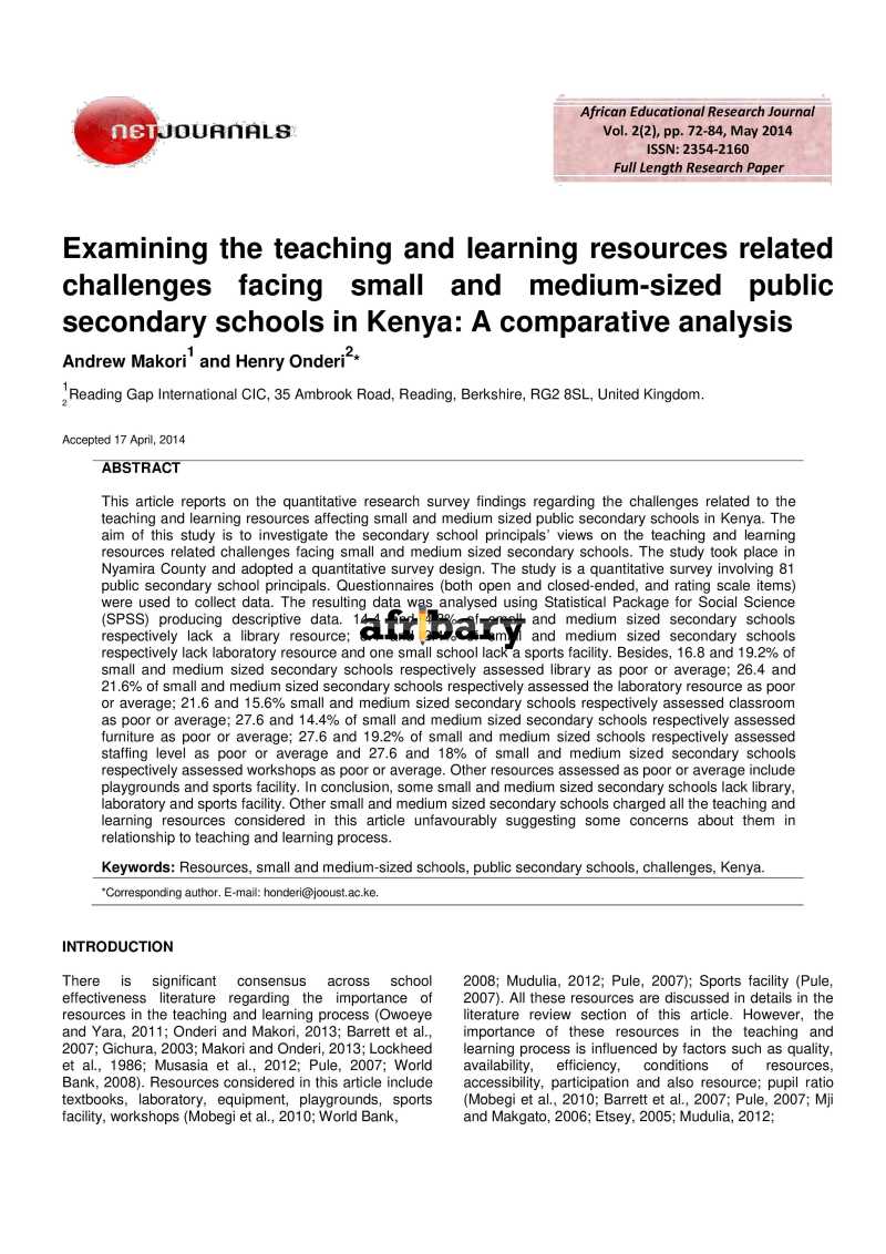 Examining the teaching and learning resources related challenges facing ...